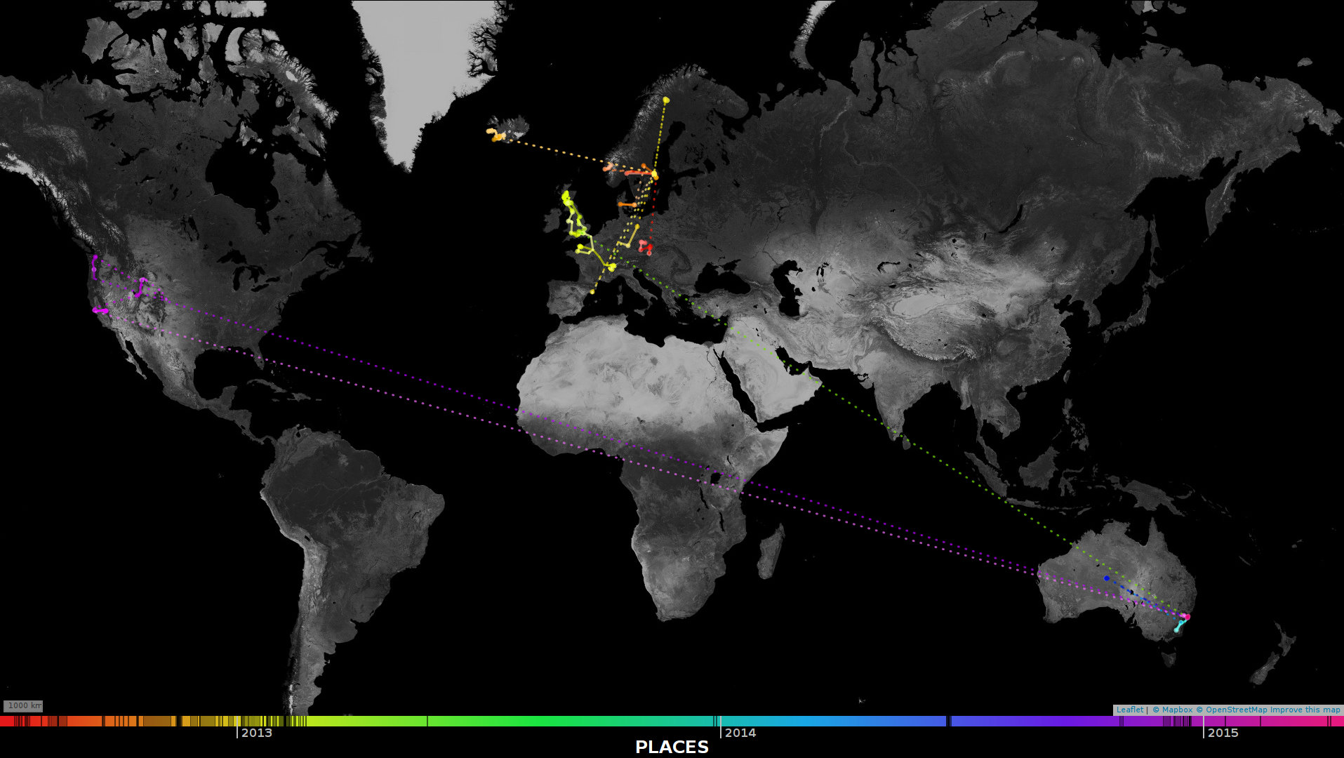 A screenshot of a world map, with dots and coloured lines joined into a time series