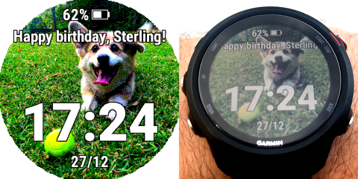 Two images side-by-side. On the left, a digital rendering of a watch face at 17:24 on 27 December, with the text Happy Birthday, Sterling! across the top. On the right, a photo of the same watch face on a real device