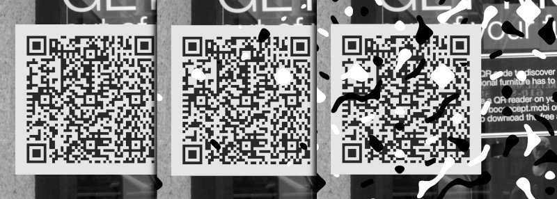 Three QR codes overlaid; from left to right: 1, the QR code displayed in Figure 4; 2, the same QR code with some white and black regions of damage; 3, the same QR code with larger and more regions of damage.